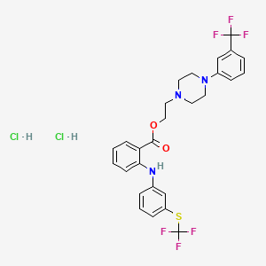 molecular formula C27H27Cl2F6N3O2S B12742648 Benzoic acid, 2-((3-((trifluoromethyl)thio)phenyl)amino)-, 2-(4-(3-(trifluoromethyl)phenyl)-1-piperazinyl)ethyl ester, dihydrochloride CAS No. 69838-61-5