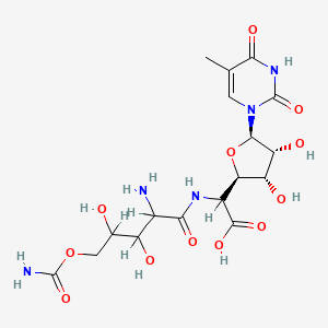 molecular formula C17H25N5O12 B12742785 beta-D-Allofuranuronic acid, 5-((2-amino-5-O-(aminocarbonyl)-2-deoxy-L-xylonoyl)amino)-1,5-dideoxy-1-(3,4-dihydro-5-methyl-2,4-dioxo-1(2H)-pyrimidinyl)- CAS No. 22976-89-2