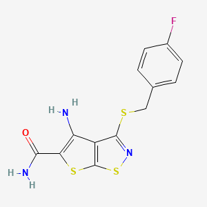 molecular formula C13H10FN3OS3 B12742800 Thieno(3,2-d)isothiazole-5-carboxamide, 4-amino-3-(((4-fluorophenyl)methyl)thio)- CAS No. 135489-17-7