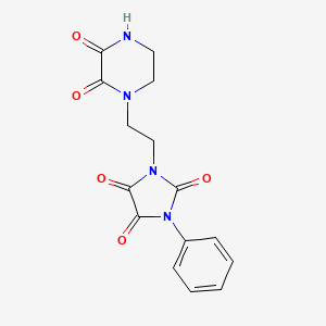 molecular formula C15H14N4O5 B12743824 Imidazolidinetrione, (2-(2,3-dioxo-1-piperazinyl)ethyl)phenyl- CAS No. 132411-96-2