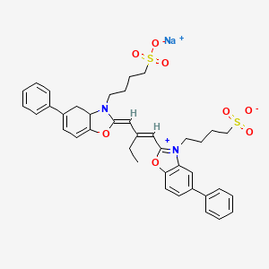 molecular formula C39H41N2NaO8S2 B12743950 Hydrogen 5-phenyl-2-(2-((5-phenyl-3-(4-sulphonatobutyl)-3H-benzoxazol-2-ylidene)methyl)but-1-enyl)-3-(4-sulphonatobutyl)benzoxazolium, monosodium salt CAS No. 53841-35-3