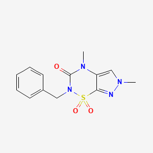 molecular formula C13H14N4O3S B12744012 Pyrazolo(4,3-e)-1,2,4-thiadiazin-3(2H)-one, 4,6-dihydro-4,6-dimethyl-2-(phenylmethyl)-, 1,1-dioxide CAS No. 214916-51-5