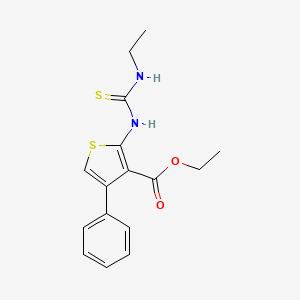 molecular formula C16H18N2O2S2 B12744125 Thiophene-3-carboxylic acid, 2-(((ethylamino)thioxomethyl)amino)-4-phenyl-, ethyl ester CAS No. 132605-13-1