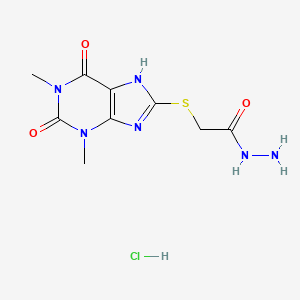molecular formula C9H13ClN6O3S B12744174 Acetic acid, ((2,3,6,7-tetrahydro-1,3-dimethyl-2,6-dioxo-1H-purin-8-yl)thio)-, hydrazide, monohydrochloride CAS No. 130366-25-5