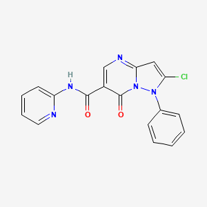 molecular formula C18H12ClN5O2 B12744256 Pyrazolo(1,5-a)pyrimidine-6-carboxamide, 1,7-dihydro-2-chloro-7-oxo-1-phenyl-N-2-pyridinyl- CAS No. 87948-69-4
