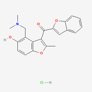 molecular formula C21H20ClNO4 B12744319 Methanone, 2-benzofuranyl(4-((dimethylamino)methyl)-5-hydroxy-2-methyl-3-benzofuranyl)-, hydrochloride, hydrate CAS No. 132993-98-7