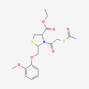 molecular formula C18H23NO6S2 B12744474 Ethyl 2-((2-methoxyphenoxy)methyl)-3-(2-(acetylthio)acetyl)-1,3-thiazolidine-4-carboxylate CAS No. 103181-51-7