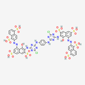 molecular formula C52H34Cl2N14O26S8 B12744493 2,2'-(1,4-Phenylenebis(imino(6-chloro-1,3,5-triazine-4,2-diyl)imino(8-hydroxy-3,6-disulphonaphthalene-1,7-diyl)azo))bisnaphthalene-1,5-disulphonic acid CAS No. 93858-30-1