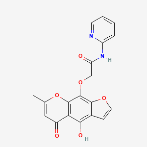 molecular formula C19H14N2O6 B12744713 Acetamide, 2-((4-hydroxy-7-methyl-5-oxo-5H-furo(3,2-g)(1)benzopyran-9-yl)oxy)-N-2-pyridinyl- CAS No. 130919-28-7