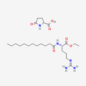 molecular formula C25H47N5O6 B12744732 Pyrrolidone carboxylic acid ethyl lauroyl arginate CAS No. 41489-29-6