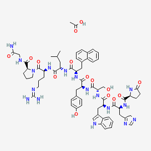 molecular formula C68H87N17O15 B12744735 acetic acid;(2S)-N-[(2S)-1-[[(2S)-1-[[(2S)-1-[[(2S)-1-[[(2R)-1-[[(2S)-1-[[(2S)-1-[(2S)-2-[(2-amino-2-oxoethyl)carbamoyl]pyrrolidin-1-yl]-5-(diaminomethylideneamino)-1-oxopentan-2-yl]amino]-4-methyl-1-oxopentan-2-yl]amino]-3-naphthalen-1-yl-1-oxopropan-2-yl]amino]-3-(4-hydroxyphenyl)-1-oxopropan-2-yl]amino]-3-hydroxy-1-oxopropan-2-yl]amino]-3-(1H-indol-3-yl)-1-oxopropan-2-yl]amino]-3-(4H-imidazol-5-yl)-1-oxopropan-2-yl]-5-oxopyrrolidine-2-carboxamide CAS No. 82317-96-2