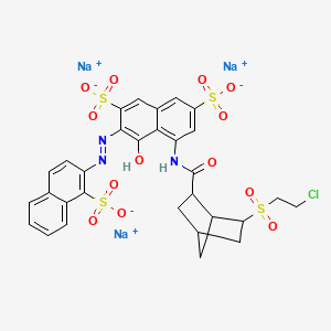 molecular formula C30H25ClN3Na3O13S4 B12745016 Trisodium 5-(((6-((2-chloroethyl)sulphonyl)bicyclo(2.2.1)hept-2-yl)carbonyl)amino)-4-hydroxy-3-((1-sulphonato-2-naphthyl)azo)naphthalene-2,7-disulphonate CAS No. 85895-84-7
