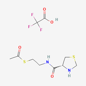 molecular formula C10H15F3N2O4S2 B12745172 Ethanethioic acid, S-(2-((4-thiazolidinylcarbonyl)amino)ethyl) ester, (R)-, mono(trifluoroacetate) CAS No. 147529-83-7