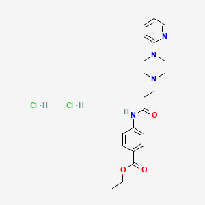 molecular formula C21H28Cl2N4O3 B12745361 Benzoic acid, 4-((1-oxo-3-(4-(2-pyridinyl)-1-piperazinyl)propyl)amino)-, ethyl ester, dihydrochloride CAS No. 104393-11-5