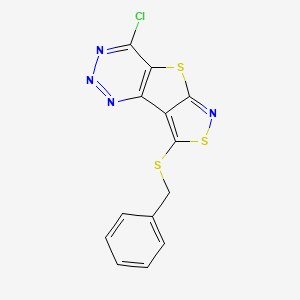molecular formula C13H7ClN4S3 B12745643 3-benzylsulfanyl-9-chloro-4,7-dithia-5,10,11,12-tetrazatricyclo[6.4.0.02,6]dodeca-1(8),2,5,9,11-pentaene CAS No. 135489-03-1