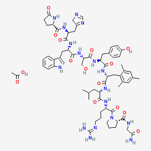 molecular formula C67H91N17O15 B12745927 acetic acid;(2S)-N-[(2S)-1-[[(2S)-1-[[(2S)-1-[[(2S)-1-[[(2R)-1-[[(2S)-1-[[(2S)-1-[(2S)-2-[(2-amino-2-oxoethyl)carbamoyl]pyrrolidin-1-yl]-5-(diaminomethylideneamino)-1-oxopentan-2-yl]amino]-4-methyl-1-oxopentan-2-yl]amino]-1-oxo-3-(2,4,6-trimethylphenyl)propan-2-yl]amino]-3-(4-hydroxyphenyl)-1-oxopropan-2-yl]amino]-3-hydroxy-1-oxopropan-2-yl]amino]-3-(1H-indol-3-yl)-1-oxopropan-2-yl]amino]-3-(4H-imidazol-5-yl)-1-oxopropan-2-yl]-5-oxopyrrolidine-2-carboxamide CAS No. 82317-99-5