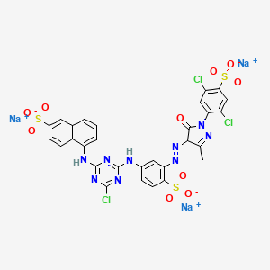 molecular formula C29H17Cl3N9Na3O10S3 B12745988 Trisodium 5-((4-chloro-6-((3-((1-(2,5-dichloro-4-sulphonatophenyl)-4,5-dihydro-3-methyl-5-oxo-1H-pyrazol-4-yl)azo)-4-sulphonatophenyl)amino)-1,3,5-triazin-2-yl)amino)naphthalene-2-sulphonate CAS No. 85750-16-9