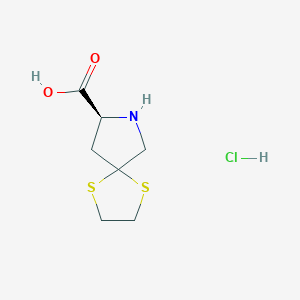 molecular formula C7H12ClNO2S2 B12746031 1,4-Dithia-7-azaspiro(4.4)nonane-8-carboxylic acid hydrochloride, (S)- CAS No. 83552-41-4