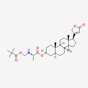 molecular formula C32H49NO7 B12746242 Card-20(22)-enolide, 3,14-dihydroxy-, 3-ester with N-(2,2-dimethyl-1-oxopropoxy)methylalanine CAS No. 81072-26-6