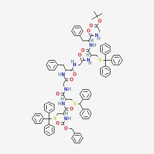 molecular formula C96H96N8O11S3 B12746526 tert-Butyl 8-((benzhydrylthio)methyl)-14,23-dibenzyl-3,6,9,12,15,18,21,24-octaoxo-1-phenyl-5,20-bis((tritylthio)methyl)-2-oxa-4,7,10,13,16,19,22,25-octaazaheptacosan-27-oate CAS No. 13342-47-7