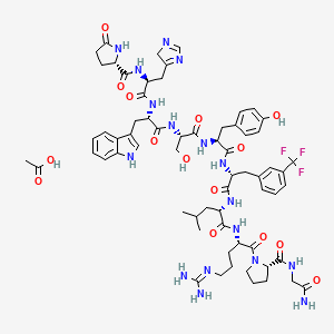 molecular formula C65H84F3N17O15 B12746553 acetic acid;(2S)-N-[(2S)-1-[[(2S)-1-[[(2S)-1-[[(2S)-1-[[(2R)-1-[[(2S)-1-[[(2S)-1-[(2S)-2-[(2-amino-2-oxoethyl)carbamoyl]pyrrolidin-1-yl]-5-(diaminomethylideneamino)-1-oxopentan-2-yl]amino]-4-methyl-1-oxopentan-2-yl]amino]-1-oxo-3-[3-(trifluoromethyl)phenyl]propan-2-yl]amino]-3-(4-hydroxyphenyl)-1-oxopropan-2-yl]amino]-3-hydroxy-1-oxopropan-2-yl]amino]-3-(1H-indol-3-yl)-1-oxopropan-2-yl]amino]-3-(4H-imidazol-5-yl)-1-oxopropan-2-yl]-5-oxopyrrolidine-2-carboxamide CAS No. 82317-97-3