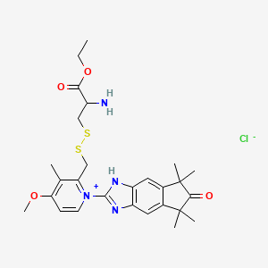 molecular formula C27H35ClN4O4S2 B12746677 Pyridinium, 2-(((2-amino-3-ethoxy-3-oxopropyl)dithio)methyl)-4-methoxy-3-methyl-1-(1,5,6,7-tetrahydro-5,5,7,7-tetramethyl-6-oxoindeno(5,6-d)imidazol-2-yl)-, chloride, (R)- CAS No. 124485-98-9