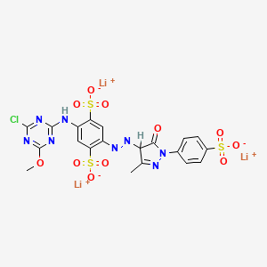 molecular formula C20H14ClLi3N8O11S3 B12747007 Trilithium 2-((4-chloro-6-methoxy-1,3,5-triazin-2-yl)amino)-5-((4,5-dihydro-3-methyl-5-oxo-1-(4-sulphonatophenyl)-1H-pyrazol-4-yl)azo)benzene-1,4-disulphonate CAS No. 84051-91-2