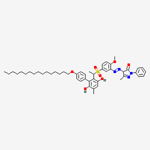 molecular formula C48H62N4O7S B12747125 4-((5-((1-(4'-(Hexadecyloxy)-3,6-dihydroxy-5-methyl(1,1'-biphenyl)-2-yl)ethyl)sulphonyl)-2-methoxyphenyl)azo)-2,4-dihydro-5-methyl-2-phenyl-3H-pyrazol-3-one CAS No. 84304-19-8