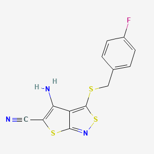 molecular formula C13H8FN3S3 B12747208 Thieno(2,3-c)isothiazole-5-carbonitrile, 4-amino-3-(((4-fluorophenyl)methyl)thio)- CAS No. 135518-37-5