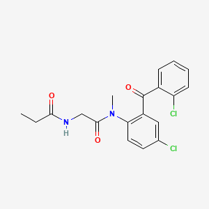 molecular formula C19H18Cl2N2O3 B12747217 Propanamide, N-(2-((4-chloro-2-(2-chlorobenzoyl)phenyl)methylamino)-2-oxoethyl)- CAS No. 65808-67-5