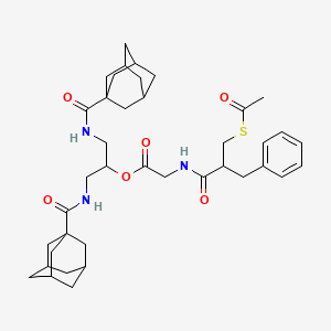 molecular formula C39H53N3O6S B12747361 Glycine, N-(2-((acetylthio)methyl)-1-oxo-3-phenylpropyl)-, 2-((tricyclo(3.3.1.1(sup 3,7))dec-1-ylcarbonyl)amino)-1-(((tricyclo(3.3.1.1(sup 3,7))dec-1-ylcarbonyl)amino)methyl)ethyl ester, (+-)- CAS No. 147879-86-5