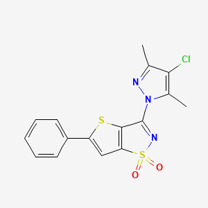 molecular formula C16H12ClN3O2S2 B12747379 Thieno(2,3-d)isothiazole, 3-(4-chloro-3,5-dimethyl-1H-pyrazol-1-yl)-5-phenyl-, 1,1-dioxide CAS No. 113387-74-9