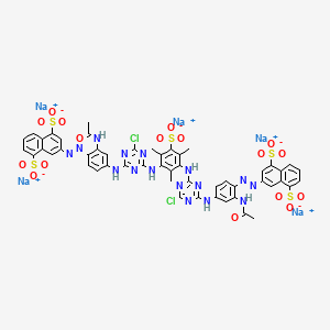 molecular formula C51H37Cl2N16Na5O17S5 B12747429 Pentasodium 3,3'-((2,4,6-trimethyl-5-sulphonato-1,3-phenylene)bis(imino(6-chloro-1,3,5-triazine-4,2-diyl)imino(2-(acetylamino)-4,1-phenylene)azo))bisnaphthalene-1,5-disulphonate CAS No. 73398-38-6