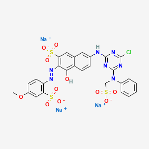molecular formula C27H19ClN7Na3O11S3 B12747580 Trisodium 7-((4-chloro-6-(phenyl(sulphonatomethyl)amino)-1,3,5-triazin-2-yl)amino)-4-hydroxy-3-((4-methoxy-2-sulphonatophenyl)azo)naphthalene-2-sulphonate CAS No. 85455-59-0