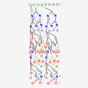 molecular formula C38H31Cl2CoN16O20S4+5 B12748367 Pentahydrogen bis(5-((4-amino-6-chloro-1,3,5-triazin-2-yl)amino)-4-hydroxy-3-((2-hydroxy-5-nitrophenyl)azo)naphthalene-2,7-disulphonato(4-))cobaltate(5-) CAS No. 88330-21-6