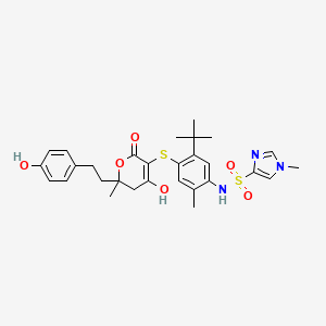 molecular formula C29H35N3O6S2 B12748492 n-[5-Tert-butyl-4-({6-hydroxy-2-[2-(4-hydroxyphenyl)ethyl]-2-methyl-4-oxo-3,4-dihydro-2h-pyran-5-yl}sulfanyl)-2-methylphenyl]-1-methyl-1h-imidazole-4-sulfonamide CAS No. 263842-66-6