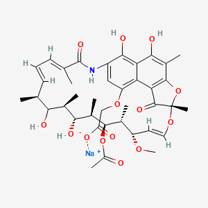 molecular formula C39H48NNaO14 B12748539 Acetic acid, ((1,2-dihydro-5,6,17,19,21-pentahydroxy-23-methoxy-2,4,12,16,18,20,22-heptamethyl-1,11-dioxo-2,7-(epoxypentadeca(1,11,13)trienimino)naphtho(2,1-b)furan-9-yl)oxy)-, 21-acetate, sodium salt CAS No. 102585-47-7