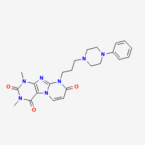 molecular formula C23H27N7O3 B12749120 Pyrimido(2,1-f)purine-2,4,8(1H,3H,9H)-trione, 1,3-dimethyl-9-(3-(4-phenyl-1-piperazinyl)propyl)- CAS No. 165898-59-9
