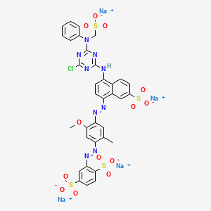 molecular formula C34H24ClN9Na4O13S4 B12749470 Tetrasodium 2-((4-((4-((4-chloro-6-(N-(sulphonatomethyl)anilino)-1,3,5-triazin-2-yl)amino)-7-sulphonato-1-naphthyl)azo)-5-methoxy-o-tolyl)azo)benzene-1,4-disulphonate CAS No. 29779-15-5