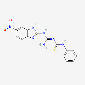 molecular formula C15H13N7O2S B12749538 Urea, 1-((5-nitro-2-benzimidazolyl)amidino)-3-phenyl-2-thio- CAS No. 113367-97-8