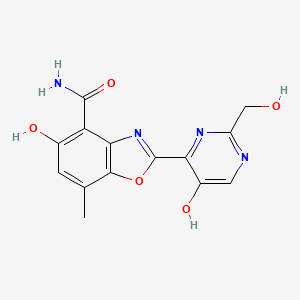 molecular formula C14H12N4O5 B12749726 5-Hydroxy-2-(5-hydroxy-2-(hydroxymethyl)-4-pyrimidinyl)-7-methyl-4-benzoxazolecarboxamide CAS No. 107021-64-7