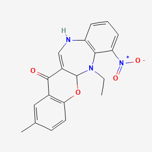 molecular formula C19H17N3O4 B12749868 6,11-Dihydro-6-ethyl-2-methyl-7-nitro-(1)benzopyrano(2,3-b)(1,5)benzodiazepin-13(5ah)-one CAS No. 119707-39-0