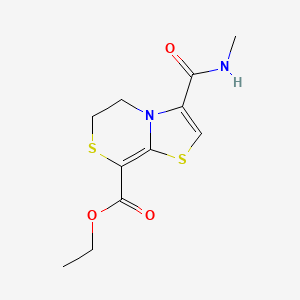 molecular formula C11H14N2O3S2 B12749988 Thiazolo(2,3-c)(1,4)thiazine-8-carboxylic acid, 5,6-dihydro-3-((methylamino)carbonyl)-, ethyl ester CAS No. 146948-28-9