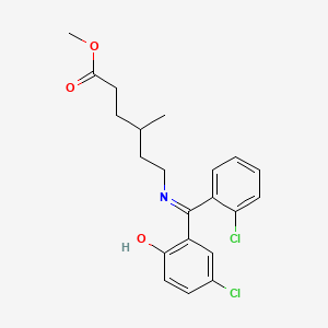 molecular formula C21H23Cl2NO3 B12750689 Methyl 6-(((5-chloro-2-hydroxyphenyl)(2-chlorophenyl)methylene)amino)-4-methylhexanoate CAS No. 104775-18-0