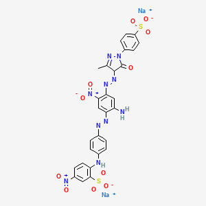 molecular formula C28H20N10Na2O11S2 B12750691 Disodium 2-((4-((2-amino-4-((4,5-dihydro-3-methyl-5-oxo-1-(4-sulphonatophenyl)-1H-pyrazol-4-yl)azo)-5-nitrophenyl)azo)phenyl)amino)-5-nitrobenzenesulphonate CAS No. 85959-27-9