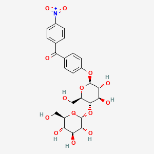 molecular formula C25H29NO14 B12750919 Methanone, (4-((4-O-alpha-D-glucopyranosyl-beta-D-glucopyranosyl)oxy)phenyl)(4-nitrophenyl)- CAS No. 147029-74-1