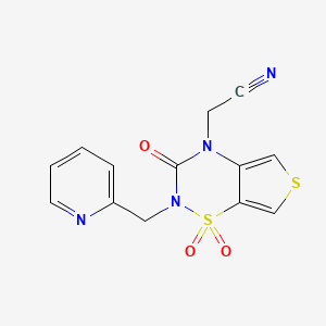molecular formula C13H10N4O3S2 B12751027 4H-Thieno[3,4-e]-1,2,4-thiadiazine-4-acetonitrile, 2,3-dihydro-3-oxo-2-(2-pyridinylmethyl)-, 1,1-dioxide CAS No. 214916-44-6