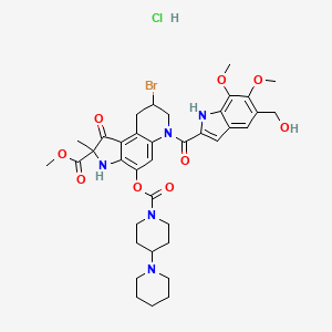molecular formula C37H45BrClN5O9 B12751276 1H-Pyrrolo(3,2-f)quinoline-2-carboxylic acid, 2,3,6,7,8,9-hexahydro-4-(((1,4'-bipiperidin)-1'-ylcarbonyl)oxy)-8-bromo-2-methyl-1-oxo-6-((5,6,7-trimethoxy-1H-indol-2-yl)carbonyl)-, methyl ester, monohydrochloride CAS No. 140447-64-9