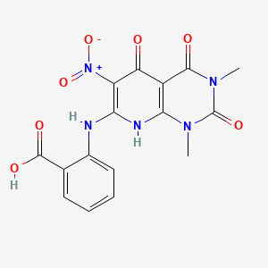 molecular formula C16H13N5O7 B12751675 Benzoic acid, 2-((1,2,3,4,5,8-hexahydro-1,3-dimethyl-6-nitro-2,4,5-trioxopyrido(2,3-d)pyrimidin-7-yl)amino)- CAS No. 141985-43-5