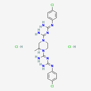 molecular formula C21H28Cl4N10 B12751762 N,N''-Bis((p-chlorophenyl)amidino)-2-methyl-1,4-piperazinedicarboxamidine HCl hydrate CAS No. 19803-63-5